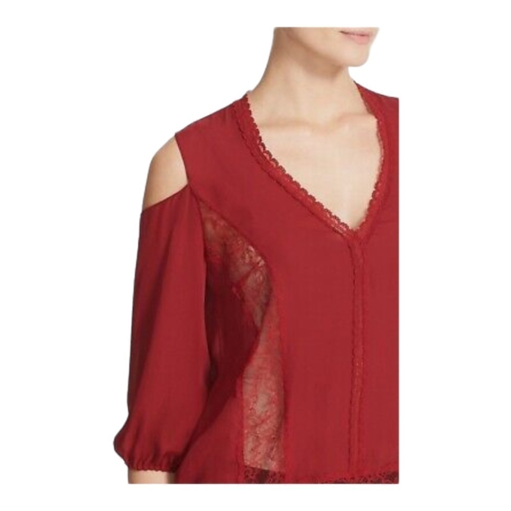 Alice+Olivia Farah Lace Inset Silk Cold Shoulder Top, size XS - Picture 3 of 7